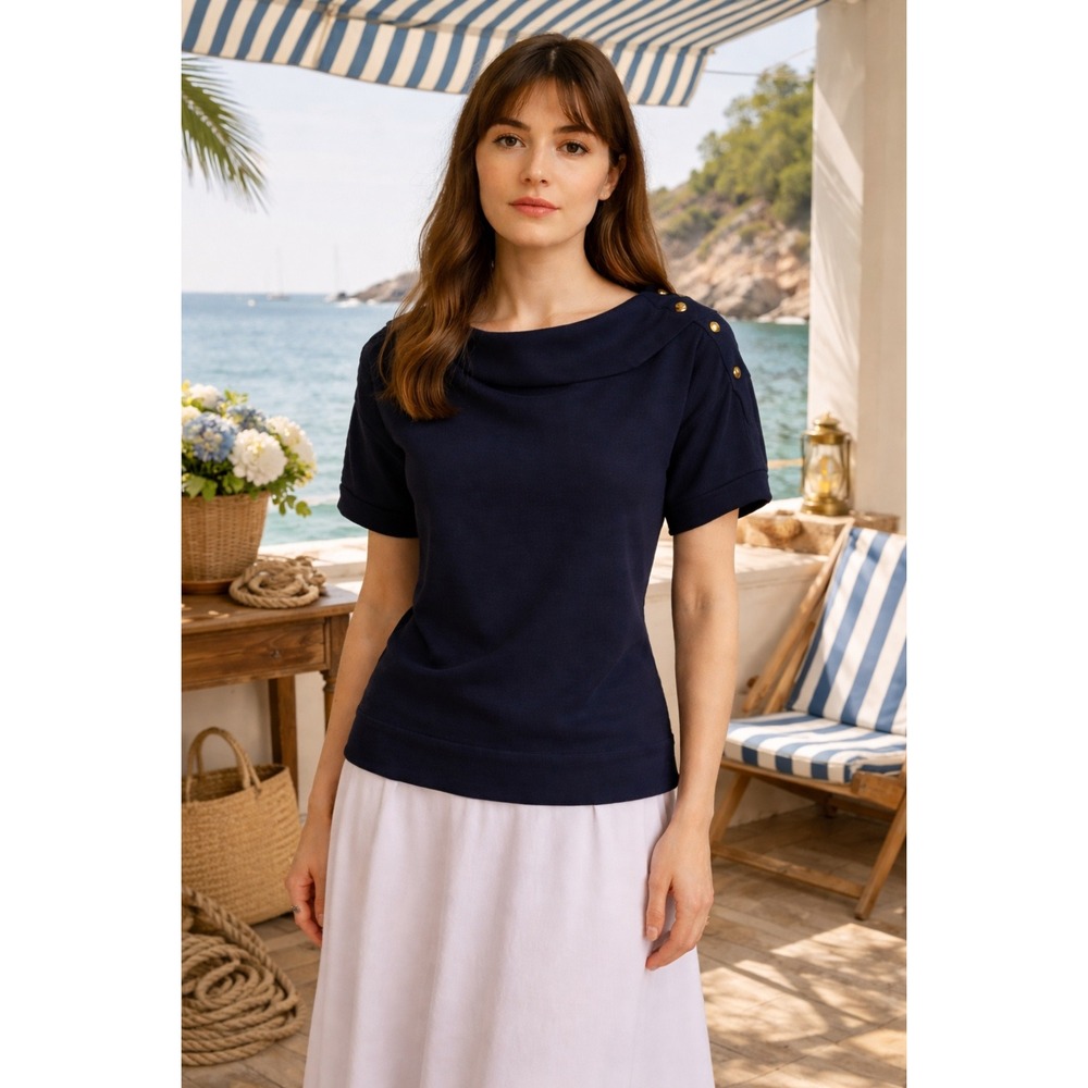 CH Carolina Herrera Nautical Boat Neck Sailor Button Short Sleeve Top Size Small